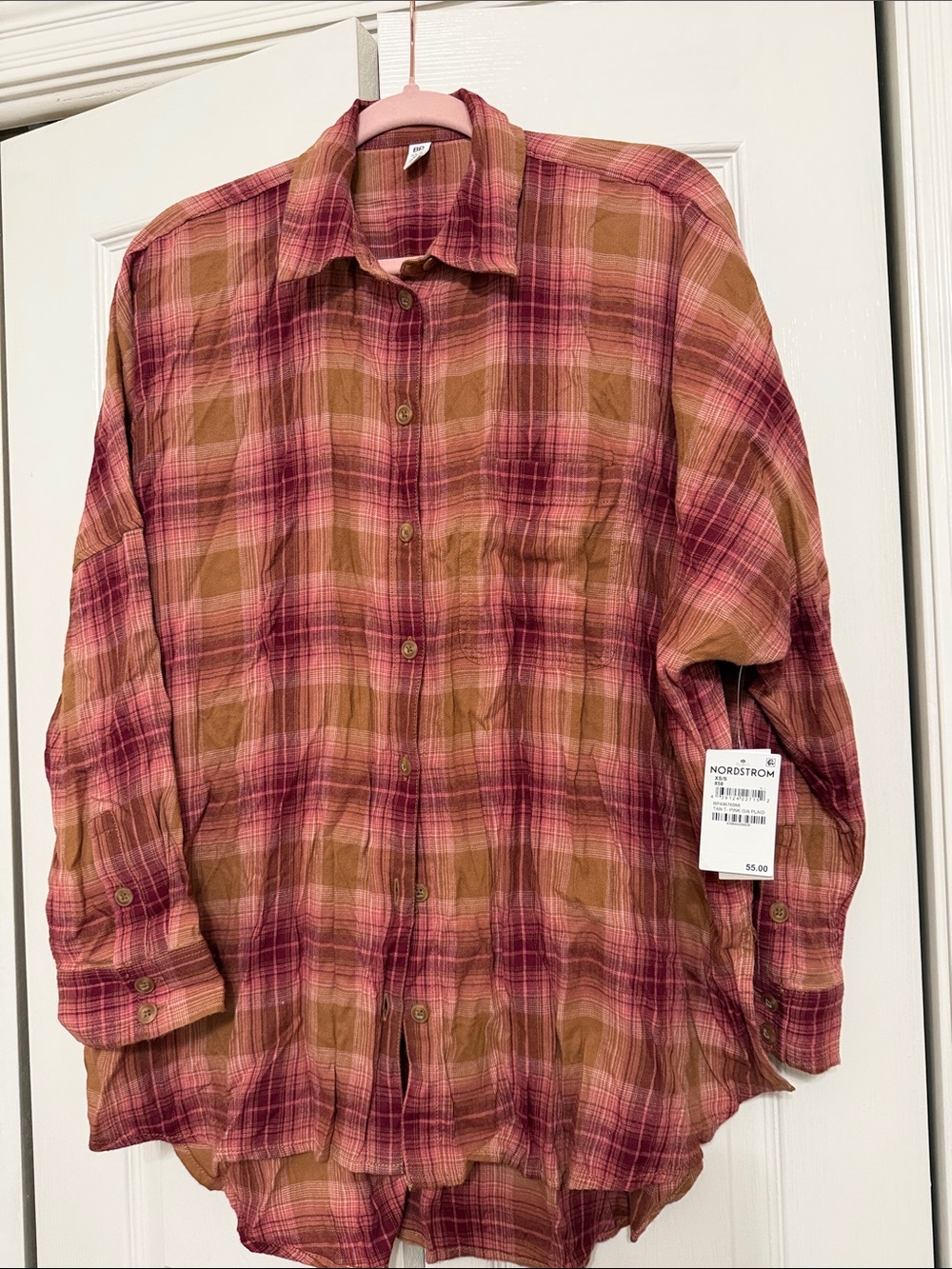 Nordstrom Womens Pink and Brown Plaid Flannel 
Button-Down Shirt